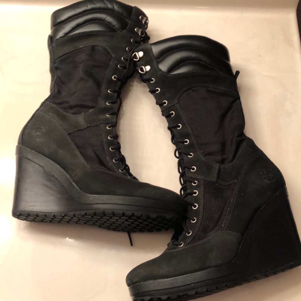 Black Timberland high heeled winter boots
